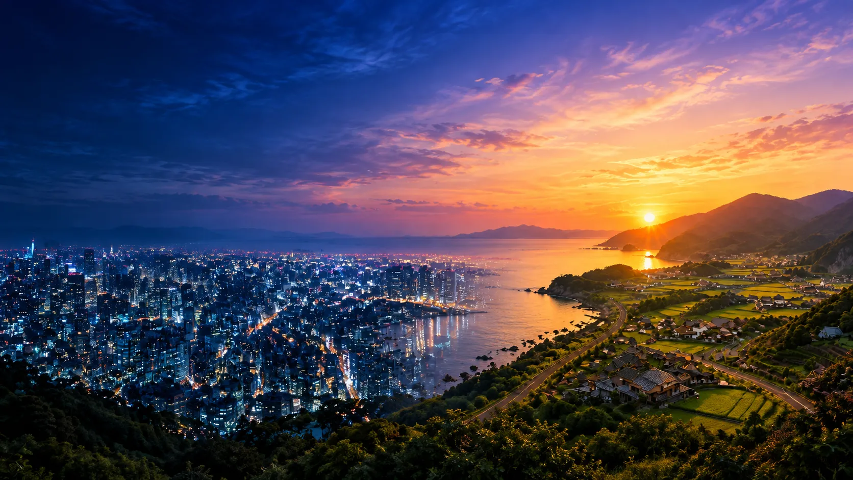 都市と地域が夕日に照らされる風景